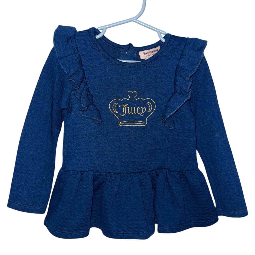 Juicy Couture Blue Ruffle Long Sleeve Top Size 3t Gold Crown Embroidered